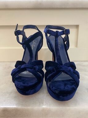 Lola Cruz Navy Velvet Platform T-Strap Sandals -